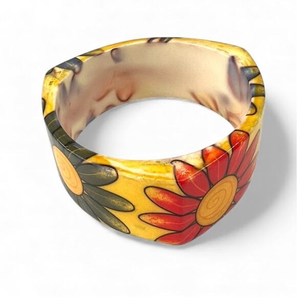 Vintage Jewelry - Vintage 70's Iris Sunflower Cold Enamel Bangle bracelet Cuff Daisy Bumblebee